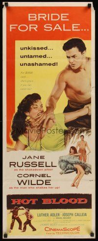 4e352 HOT BLOOD insert '56 barechested Cornel Wilde grabbing Jane Russell, Nicholas Ray!