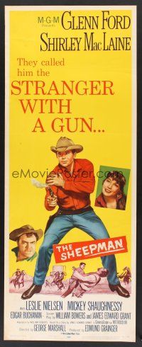 4e468 SHEEPMAN insert '58 cool art of Glenn Ford pointing smoking gun, Shirley MacLaine
