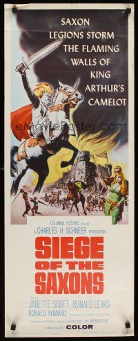 4e470 SIEGE OF THE SAXONS insert '63 King Arthur's Camelot, cool knight on horseback art!