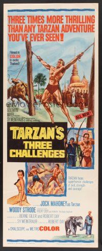 4e499 TARZAN'S THREE CHALLENGES insert '63 Edgar Rice Burroughs, artwork of bound Jock Mahoney!