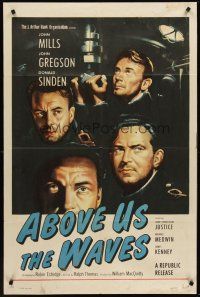 4g019 ABOVE US THE WAVES 1sh '56 art of John Mills & English WWII sailors at periscope in sub!
