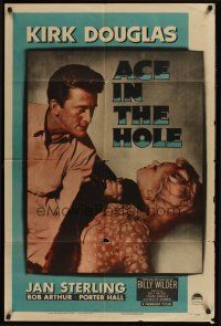 4g022 ACE IN THE HOLE 1sh '51 Billy Wilder classic, close up of Kirk Douglas choking Jan Sterling!