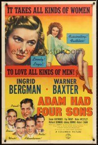 4g024 ADAM HAD FOUR SONS 1sh '41 sultry Ingrid Bergman, Warner Baxter, sexy Susan Hayward!