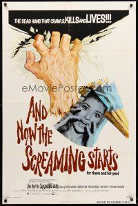 4g044 AND NOW THE SCREAMING STARTS 1sh '73 sexy terrified girl & art of severed hand!