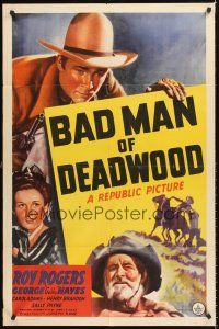 4g065 BAD MAN OF DEADWOOD 1sh '41 art of Roy Rogers with gun drawn, Gabby Hayes, Carol Adams!