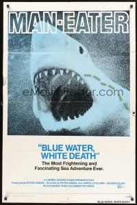 4g118 BLUE WATER, WHITE DEATH 1sh R74 cool super close image of great white shark with open mouth!