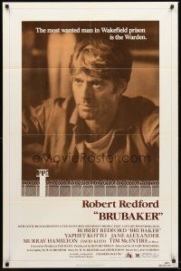 4g137 BRUBAKER 1sh '80 warden Robert Redford is the most wanted man in Wakefield prison!