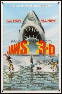 4g491 JAWS 3-D 1sh '83 great Gary Meyer shark artwork, the third dimension is terror!