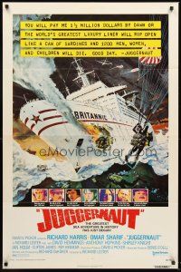 4g500 JUGGERNAUT 1sh '74 Richard Harris, art of ocean liner under attack by Bob McCall!