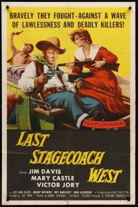 4g534 LAST STAGECOACH WEST 1sh '57 art of Jim Davis & Mary Castle w/guns on runaway stagecoach!