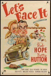 4g551 LET'S FACE IT style A 1sh '43 cool art of Bob Hope & Betty Hutton in Jeep, Cole Porter songs!