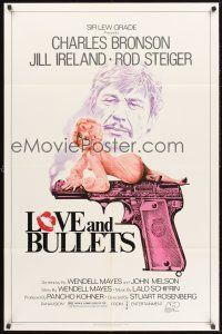 4g579 LOVE & BULLETS 1sh '79 art of Charles Bronson, sexy Jill Ireland laying on gun!