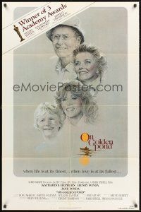 4g675 ON GOLDEN POND 1sh '81 art of Katharine Hepburn, Henry Fonda, and Jane Fonda by C.D. de Mar!