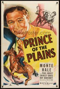 4g722 PRINCE OF THE PLAINS 1sh '49 cool art of cowboy Monte Hale close up & riding his horse!