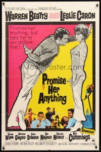 4g725 PROMISE HER ANYTHING 1sh '66 art of Warren Beatty w/fingers crossed & pretty Leslie Caron!