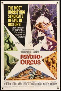 4g728 PSYCHO-CIRCUS 1sh '67 most horrifying syndicate of evil, cool art of sexy girl terrorized!
