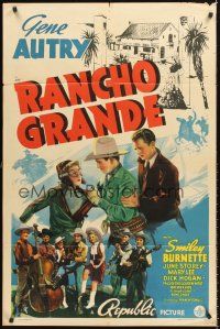4g736 RANCHO GRANDE 1sh '40 artwork of Gene Autry, pilot June Storey, Smiley Burnette!