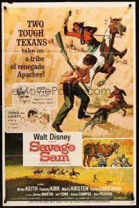 4g789 SAVAGE SAM style A 1sh '63 Disney, art of boy & dog fighting Native, Old Yeller sequel!