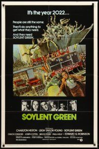 4g837 SOYLENT GREEN 1sh '73 art of Charlton Heston trying to escape riot control by John Solie!