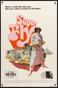 4g864 SUPER FLY 1sh '72 great artwork of Ron O'Neal with car & girl sticking it to The Man!