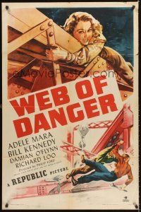 4g962 WEB OF DANGER 1sh '47 cool art of sexy Adele Mara in trouble high up in the sky!