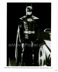 4h084 BATMAN 8x10 still '89 best full-length portrait of Michael Keaton in costume by Batmobile!