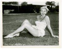4h376 LANA TURNER 8x10 still '50s sexy close up in swimsuit sitting on grass in her yard!