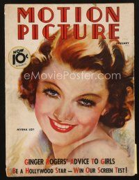 4j088 MOTION PICTURE magazine January 1936 artwork of sexy smiling Myrna Loy by Morr Kusnet!