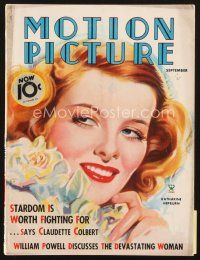 4j084 MOTION PICTURE magazine September 1935 wonderful art of pretty Katharine Hepburn by Kusnet!