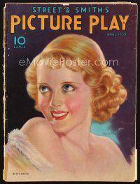 4j068 PICTURE PLAY magazine April 1933 artwork of pretty smiling Bette Davis by Paul Maison!