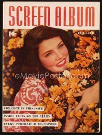 4j113 SCREEN ALBUM magazine Fall 1941 smiling portrait of Gene Tierney in flower garden!