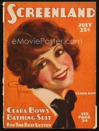 4j075 SCREENLAND magazine July 1929 wonderful smiling art portrait of Clara Bow by Georgia Warren!