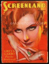 4j079 SCREENLAND magazine November 1929 incredible art portrait of Greta Garbo by Rolf Armstrong!