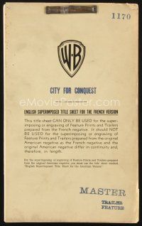 4j192 CITY FOR CONQUEST script '40 Warner Bros James Cagney classic, used for French dubbing!