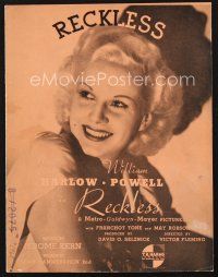 4j150 RECKLESS sheet music '35 close up of sexy smiling Jean Harlow, the title song!