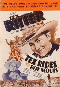 4j324 TEX RIDES WITH THE BOY SCOUTS pressbook '37 cool art of Tex Ritter & his horse White Flash!