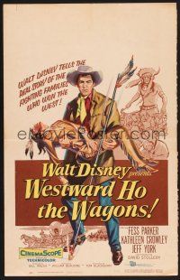 4k550 WESTWARD HO THE WAGONS WC '57 artwork of cowboy Fess Parker holding Native American!