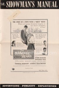 4p384 RESTLESS YEARS pressbook '58 John Saxon & Sandra Dee condemned by a town with a dirty mind!