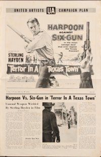 4p408 TERROR IN A TEXAS TOWN pressbook '58 great artwork of Sterling Hayden holding huge harpoon!