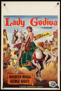 4r552 LADY GODIVA Belgian '55 artwork of super sexy naked Maureen O'Hara on horseback!