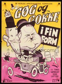 4r421 GOG OG GOKKE I FIN FORM Danish '50s wacky art of Laurel & Hardy in old car!