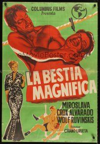 4r265 LA BESTIA MAGNIFICA Spanish '55 Flores art of sexy woman & wrestlers in ring!