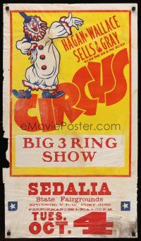 4s229 HAGEN-WALLACE SELLS & GRAY COMBINED CIRCUS circus poster '40s wacky cown, big 3-ring show!