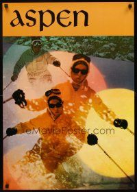 4s091 ASPEN travel poster '60s Colorado Rockies, great image of skiers!
