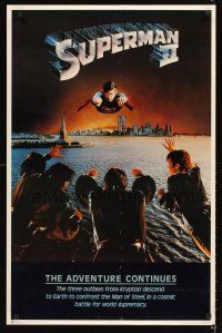 4s698 SUPERMAN II commercial poster '81 Christopher Reeve & villains flying over New York City!