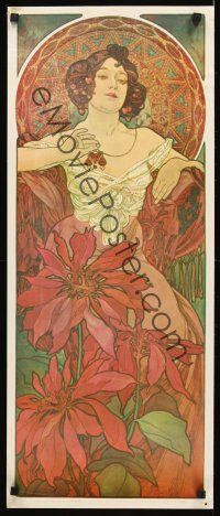 4s069 ALPHONSE MUCHA Czech art print 13x31 '70s great art of woman seated in red flowers!