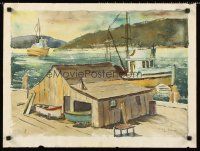 4s047 HELEN PARRISH original watercolor 18x24 '61 cool artwork of boathouse & dock!
