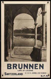 4s095 BRUNNEN Swiss/English travel poster '50s cool image of Lake of Lucerne!