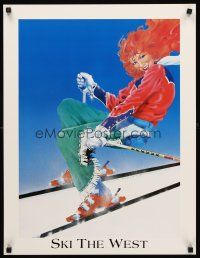 4s109 SKI THE WEST travel poster '80s United Airlines, art of pretty woman skiing!