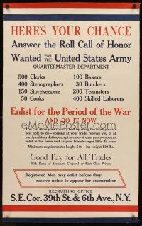 4s127 HERE'S YOUR CHANCE war poster '17 WWI recruitment, answer the roll call of honor!